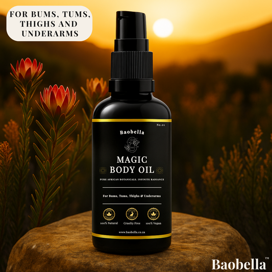 Baobella Magic Body Oil bottle with sunset background