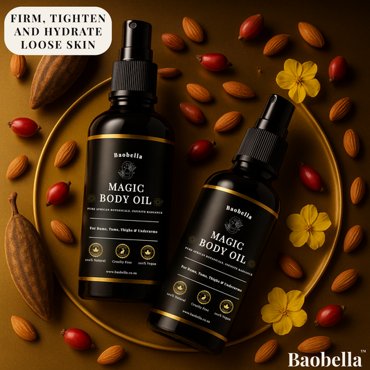 Two bottles of Baobella Magic Body Oil surrounded by nuts and flowers on a brown background.